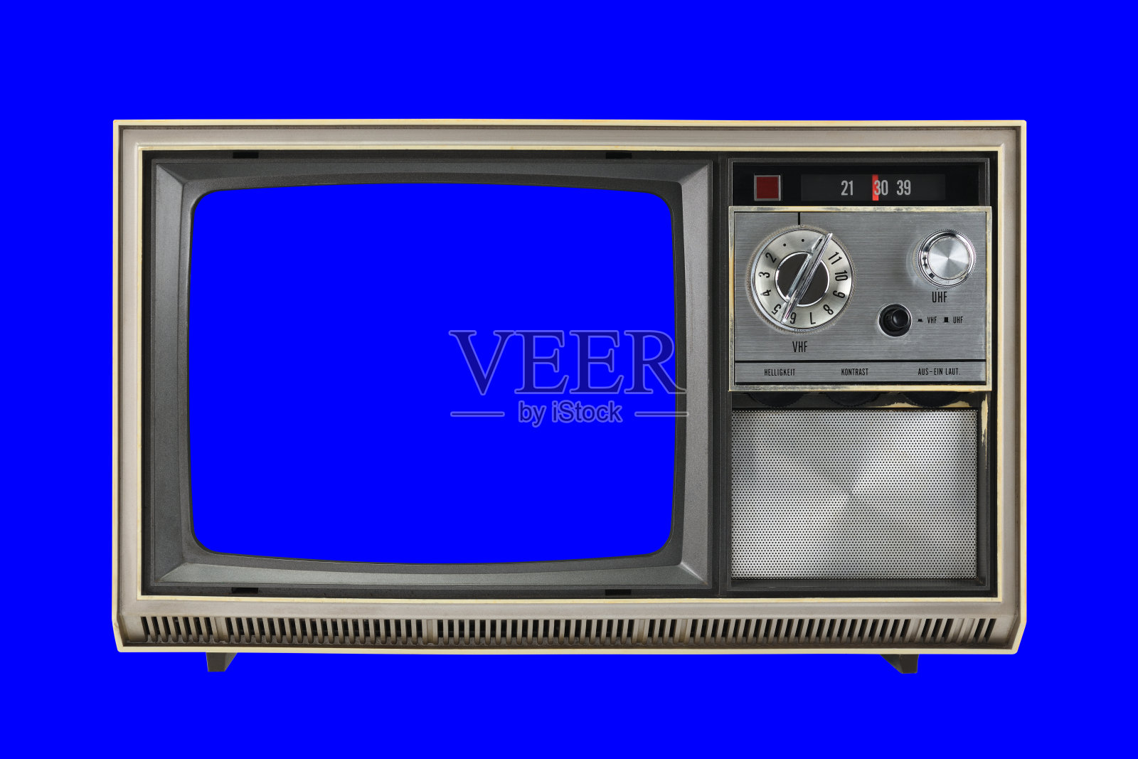 20世纪70年代的老式蓝底蓝屏电视机。上世纪60年代，70年代，80年代，90年代，2000年代。照片摄影图片