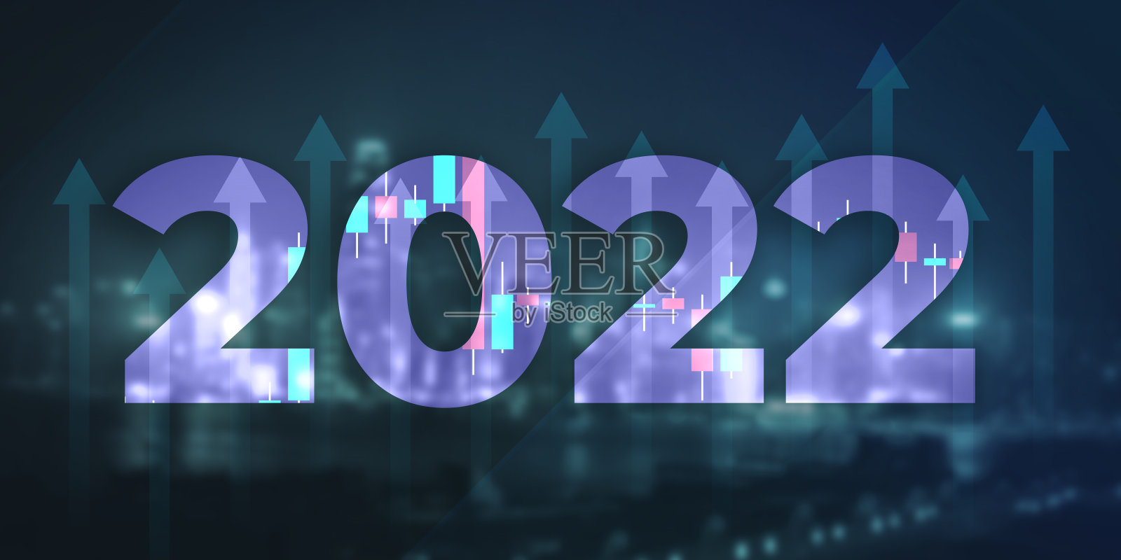 2022年商业金融愿景概念。大流行后全球经济复苏延迟与增长金融图表和箭头图标在深蓝色背景照片摄影图片