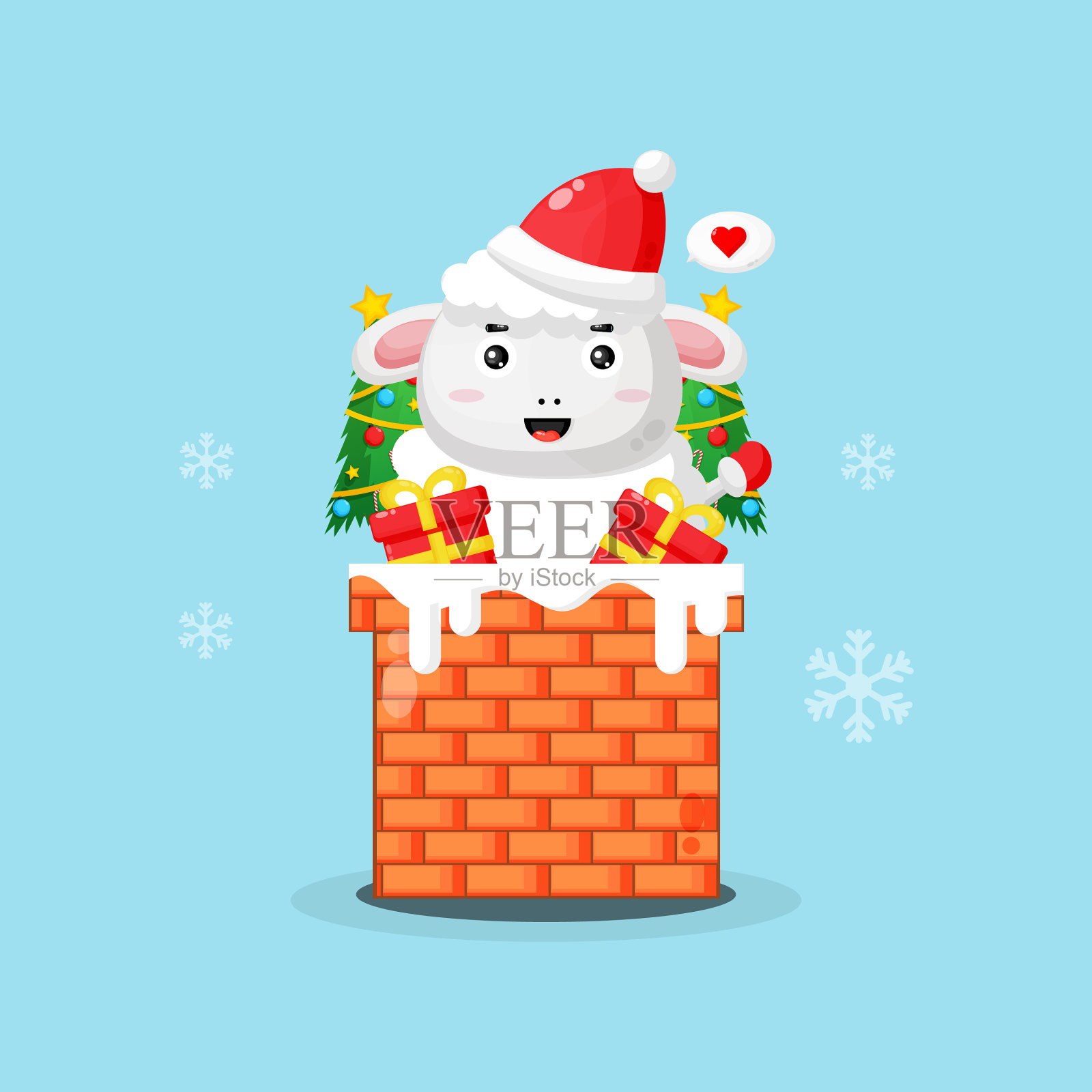 可爱的羊在烟囱上和圣诞礼物插画图片素材