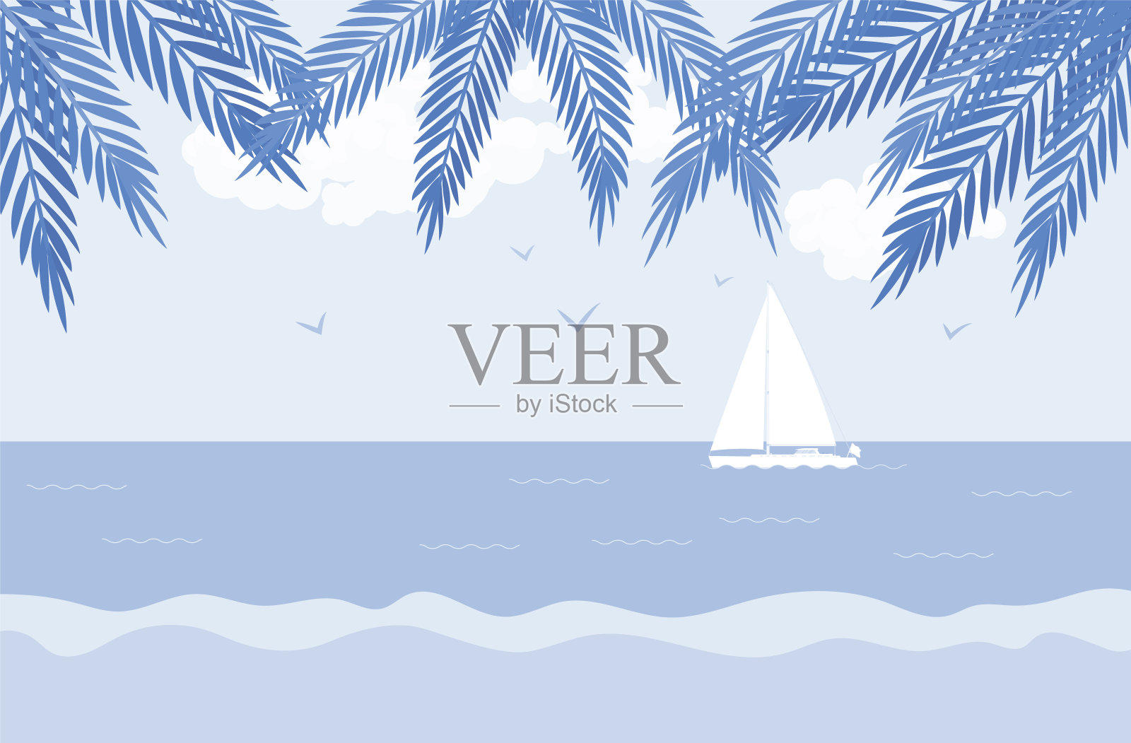 棕榈树浅蓝色剪影，帆船，海边沙滩风光插画图片素材