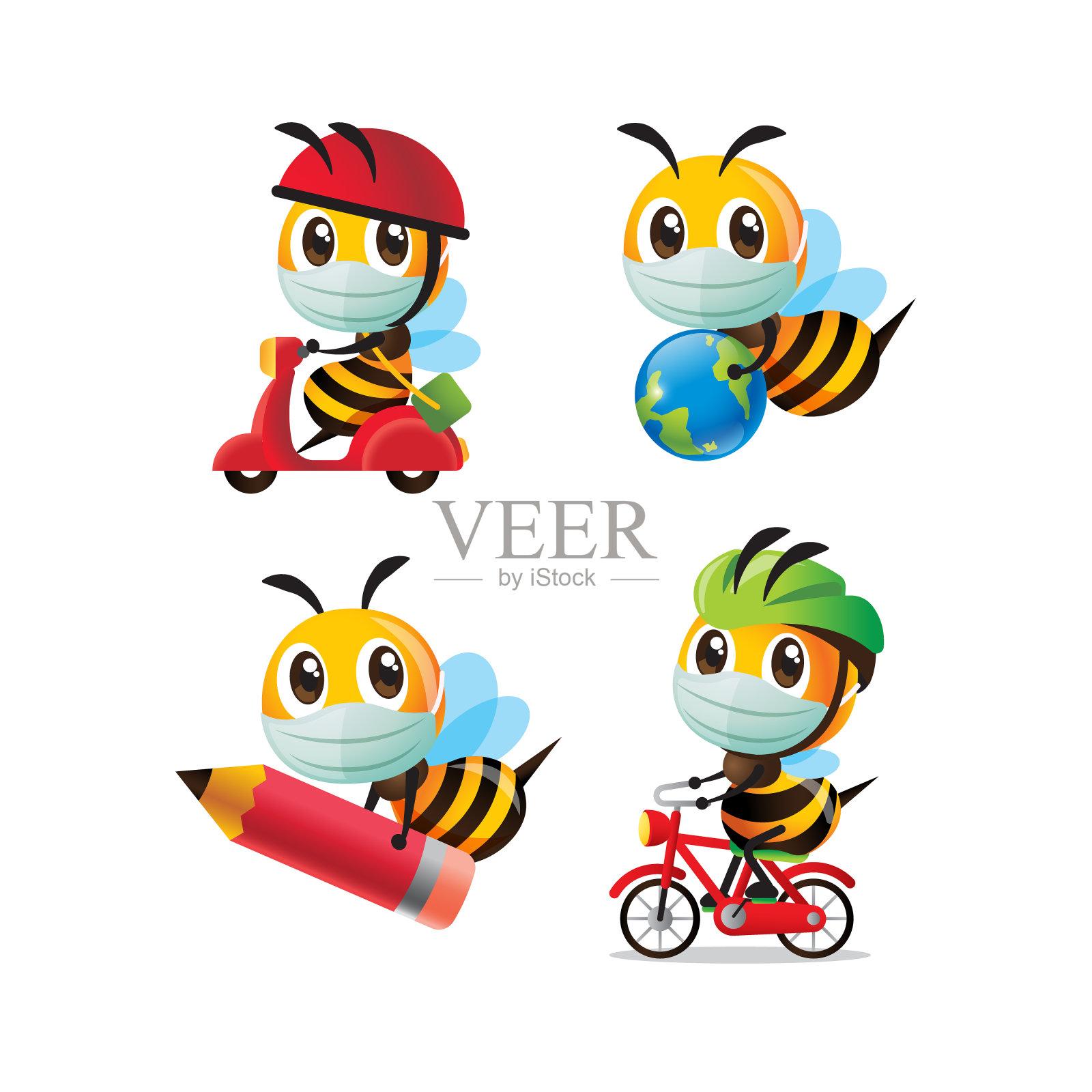 收集一套卡通可爱的蜜蜂戴口罩手持不同物品进行新常态活动插画图片素材