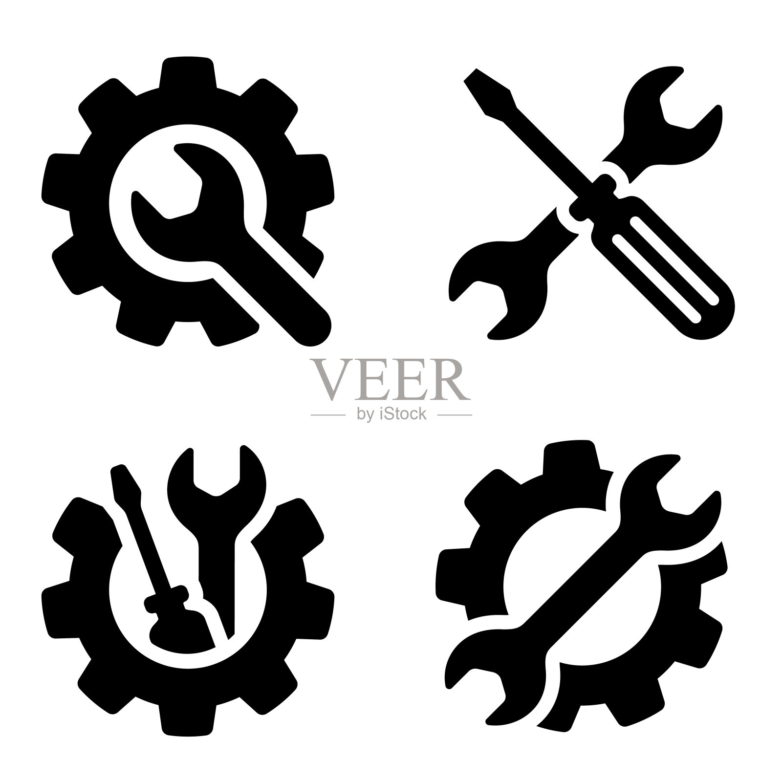 服务的图标集。扳手，螺丝刀和齿轮图标。螺丝刀和扳手字形图标。设置和维修，服务标志-股票向量。图标素材