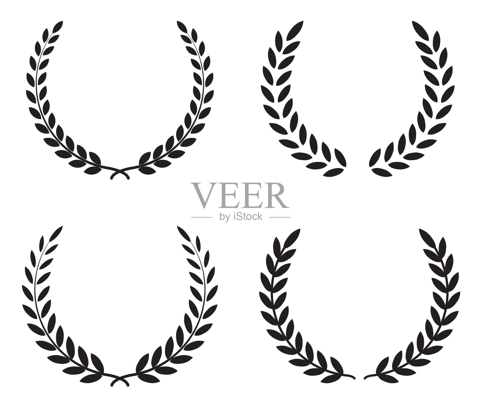 设置黑色剪影圆形月桂叶，小麦和橡木花环描绘一个奖项，成就，纹章，贵族在白色背景。徽花希腊分枝平坦的风格-股票向量。插画图片素材