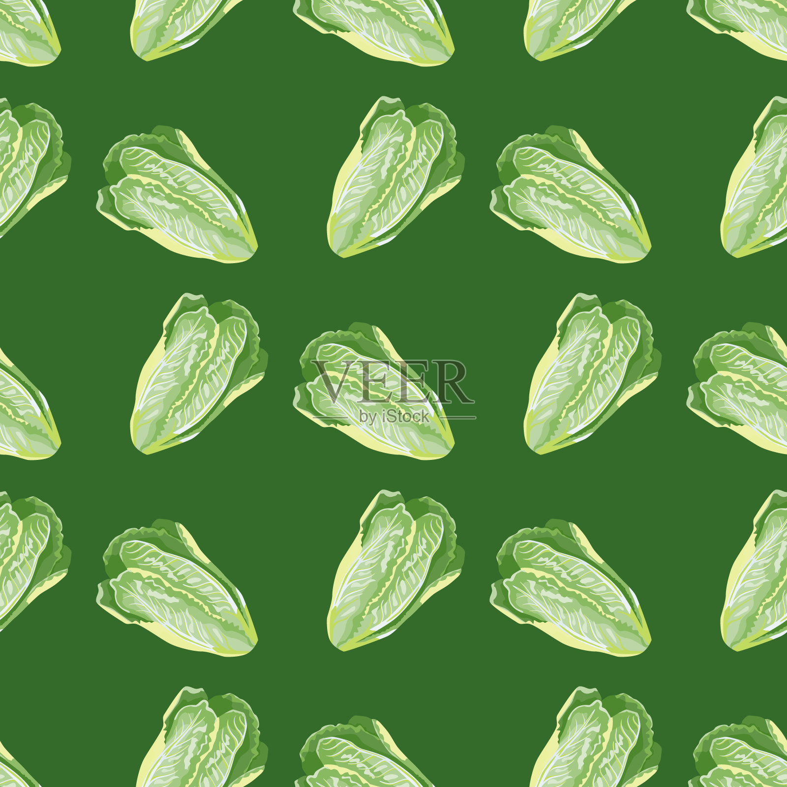 无缝图案沙拉罗马诺在绿色背景。抽象的装饰用莴苣。插画图片素材