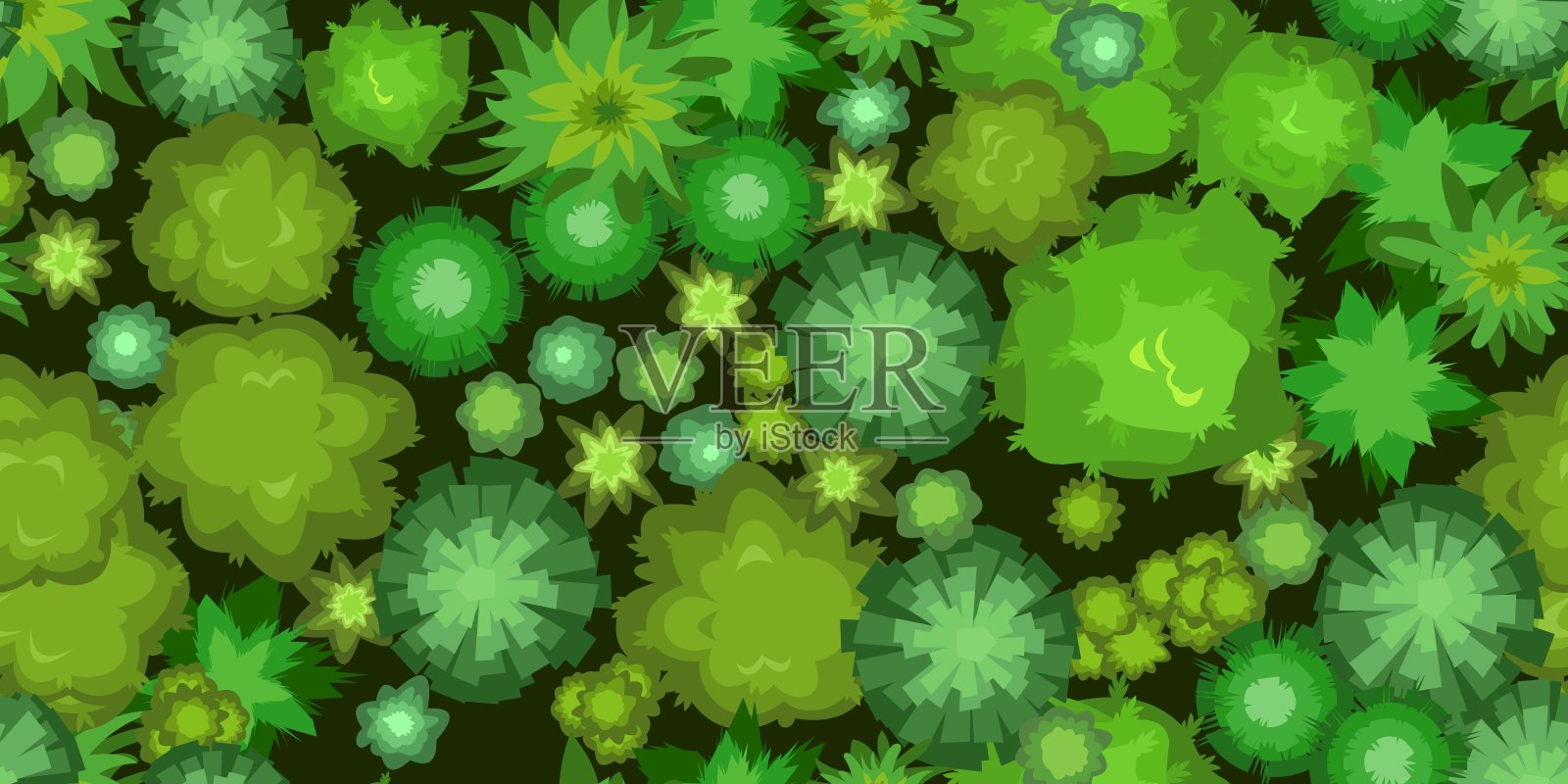 黑暗的森林。从高处俯瞰的风景。绿树成荫的夏日风景。无缝插图在平面风格。卡通设计。向量插画图片素材