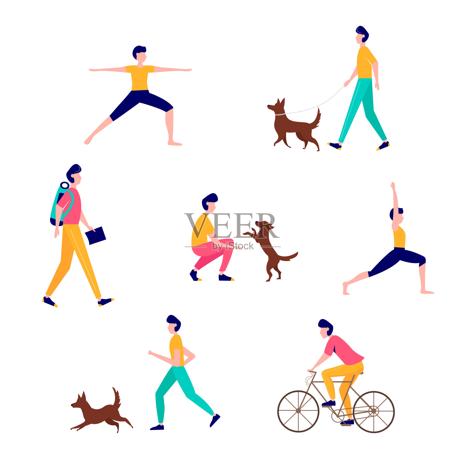 年轻人做不同的户外活动:跑步，瑜伽，骑自行车，遛狗，旅行。平面风格的插图。积极健康的生活方式。插画图片素材