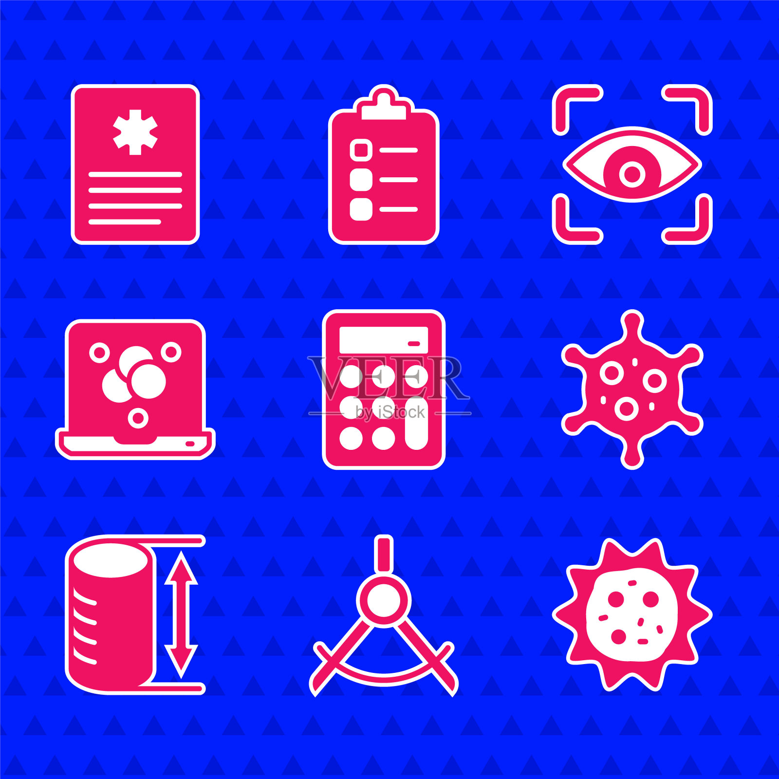 设置计算器，绘制圆规，病毒，高度几何图形，化学公式，眼睛扫描和患者记录图标。向量图标素材