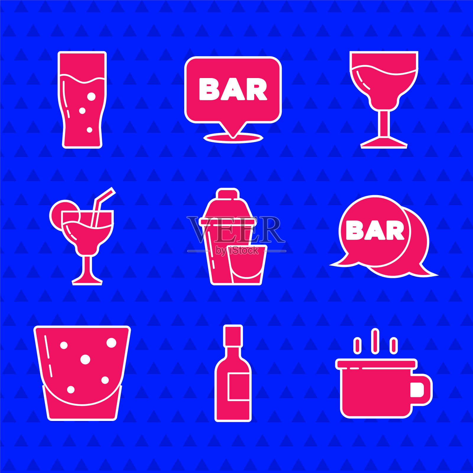 集鸡尾酒调酒器，香槟瓶，咖啡杯，酒吧街头招牌，玻璃朗姆酒，葡萄酒杯和啤酒图标。向量图标素材