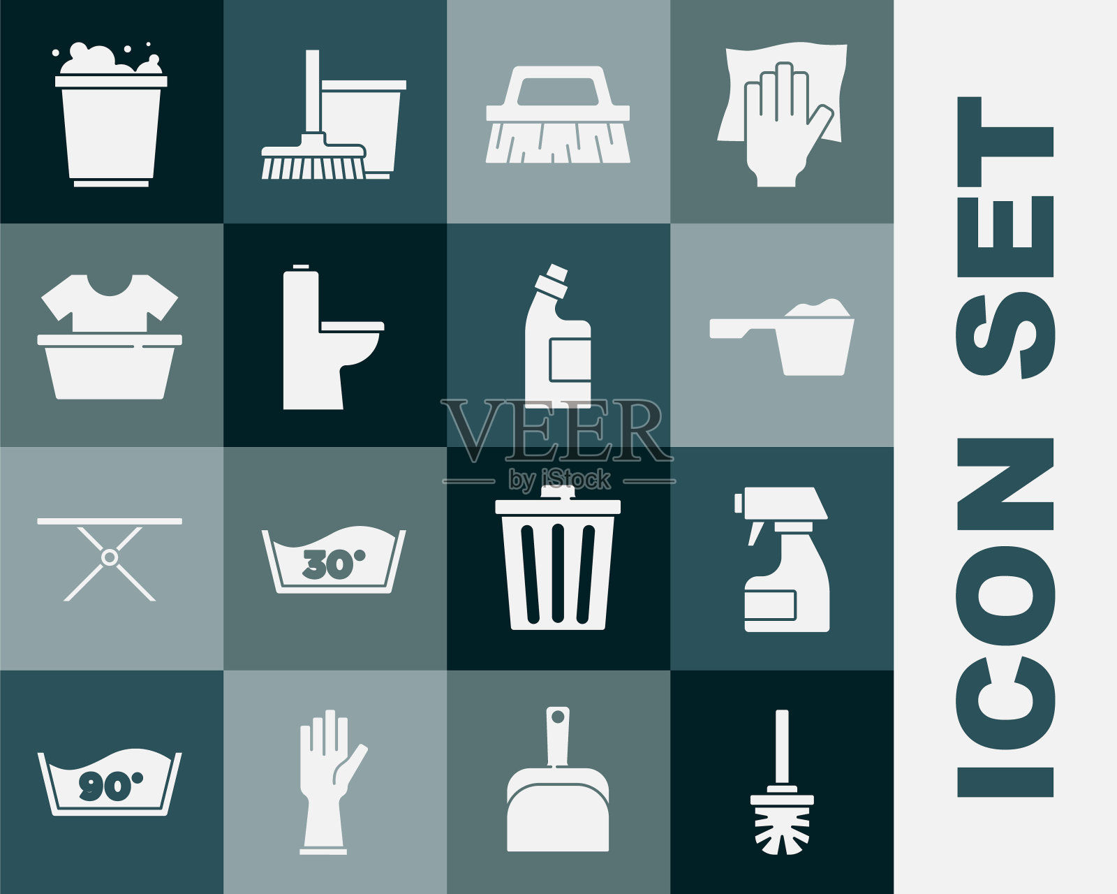 套装卫生间刷，清洁喷雾瓶，洗衣粉，清洁刷，碗，盆与衬衫，桶泡沫和瓶代理图标。向量图标素材