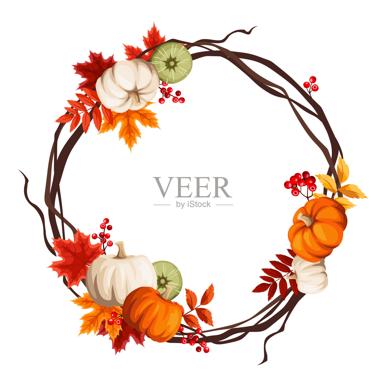 秋天的花环上点缀着南瓜和五颜六色的秋叶。向量贺卡或背景框架。插画图片素材
