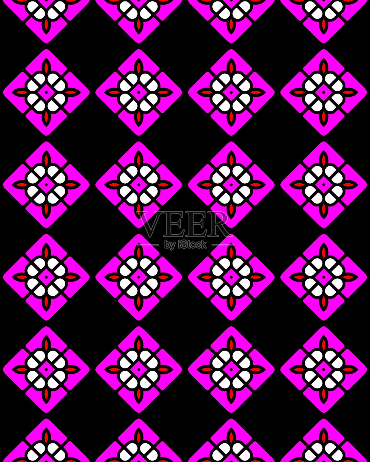 插图无缝瓷砖图案与紫色，白色和红色在黑色的背景插画图片素材