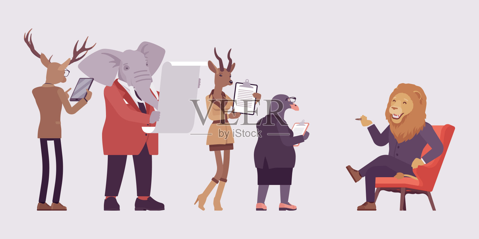 动物，鹿，大象，狍，鸥鸟在狮子老板面前报告插画图片素材
