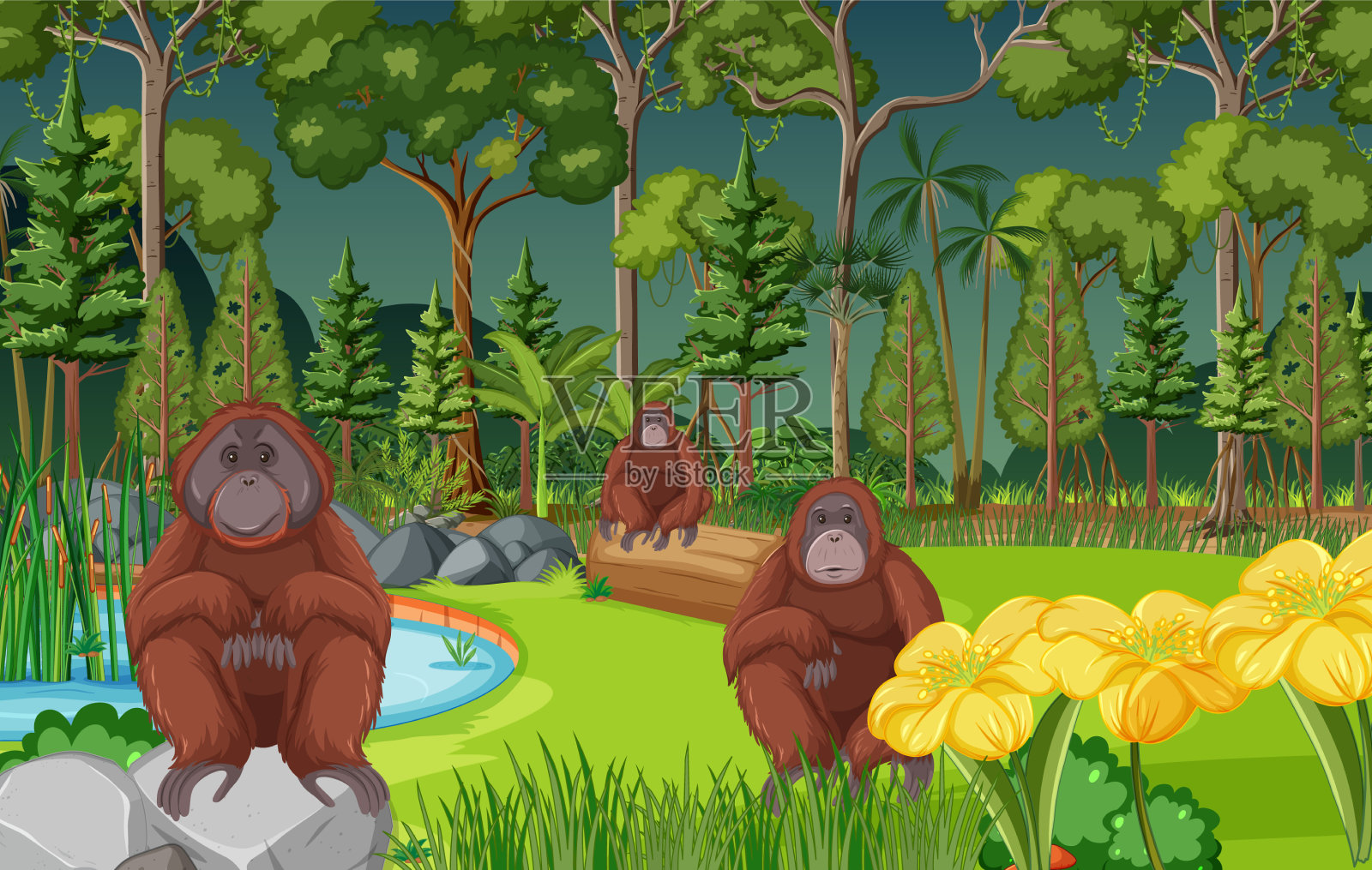 森林或雨林的场景与老虎的家人插画图片素材