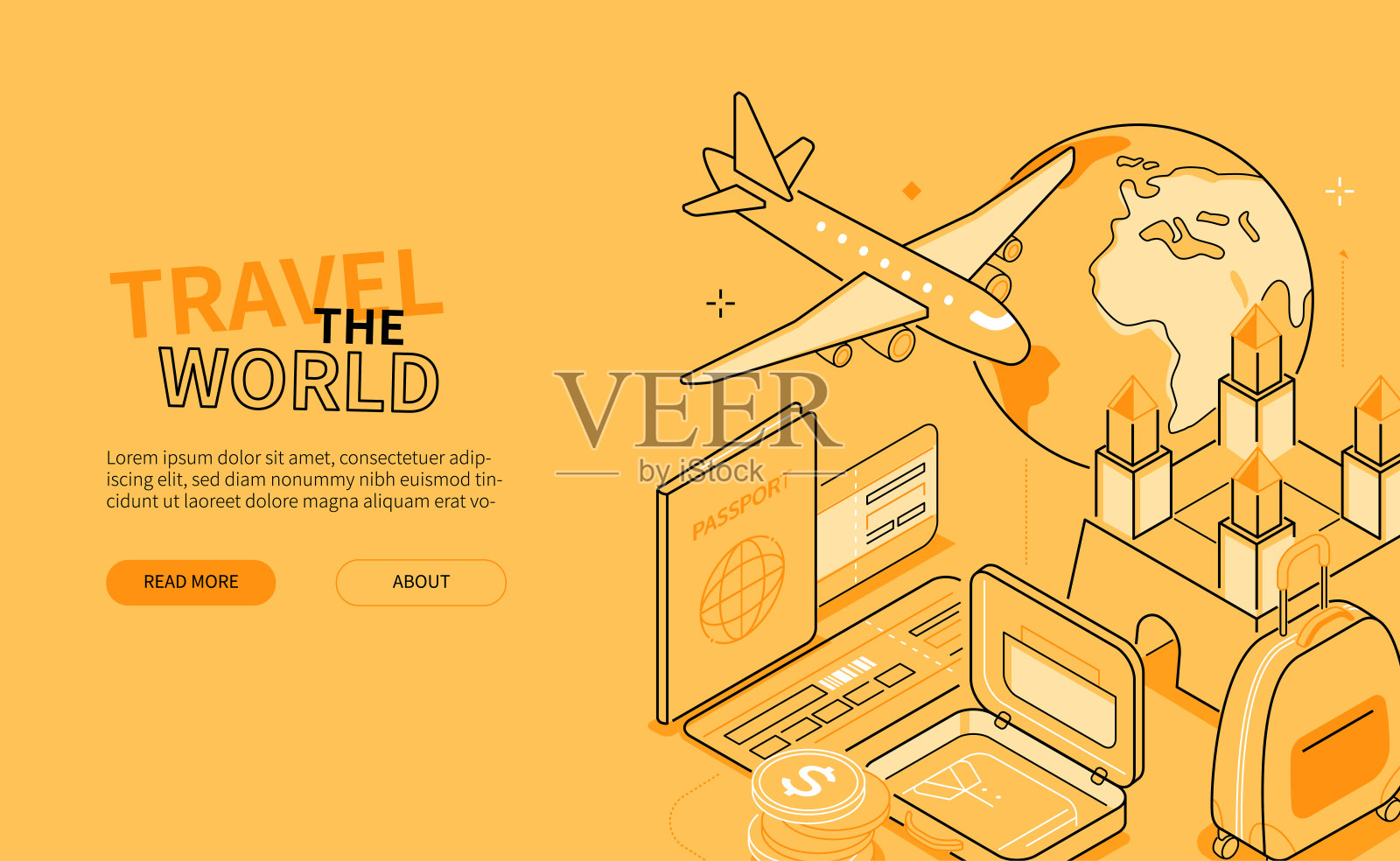 旅行世界-线设计风格等距网横幅插画图片素材