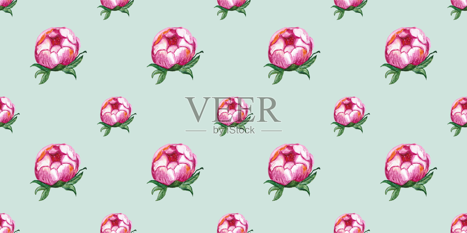 无缝图案与水彩画粉红牡丹花插画图片素材