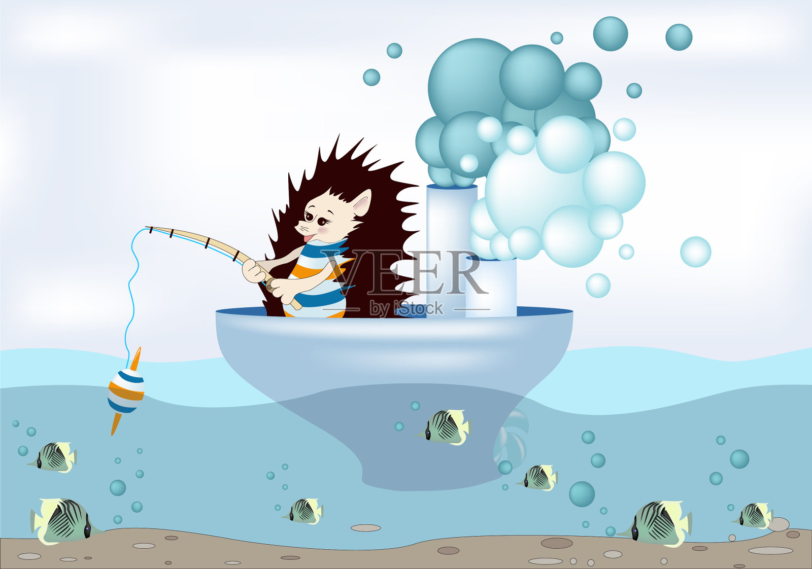 想象一只刺猬漂浮在船上插画图片素材