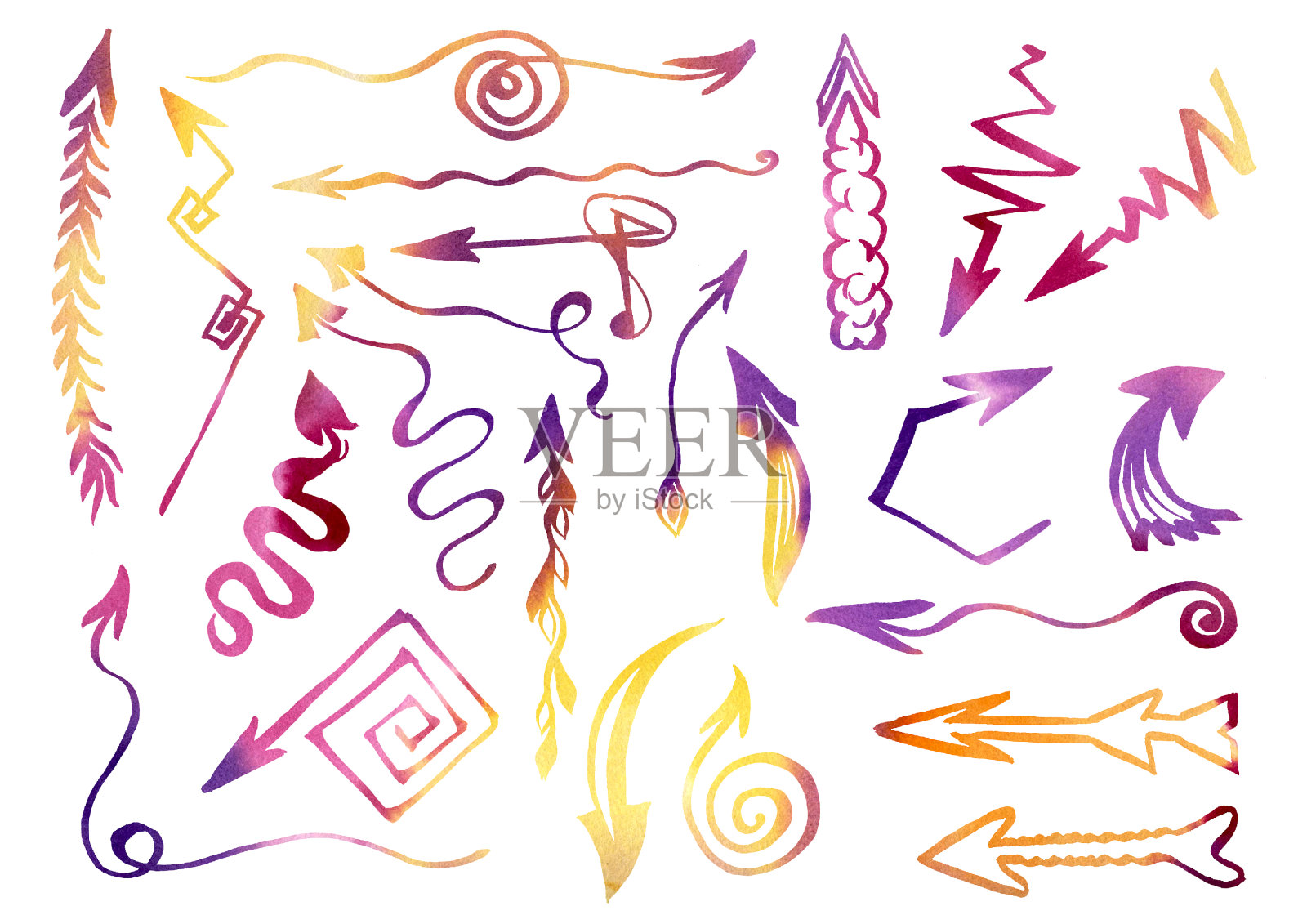 水彩箭头徒手画。设置黄色，橙色和紫色箭头，框架，元素。元素为时间线，信息图，目录，背景，网站，时间表，笔记本。设计元素图片