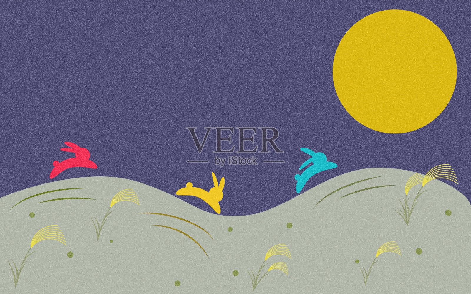 满月之夜，五彩缤纷的兔子在银色的草地上奔跑插画图片素材