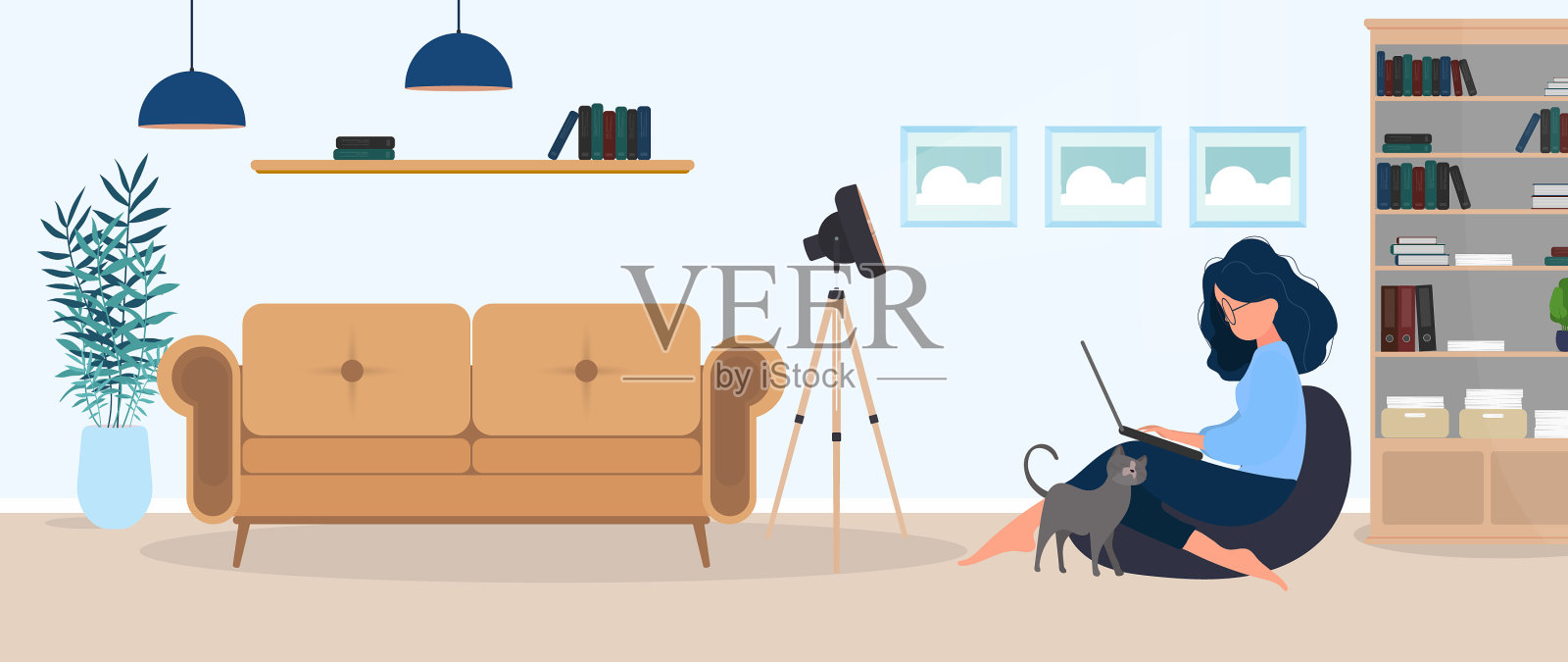 女孩坐在沙发上用笔记本电脑工作插画图片素材