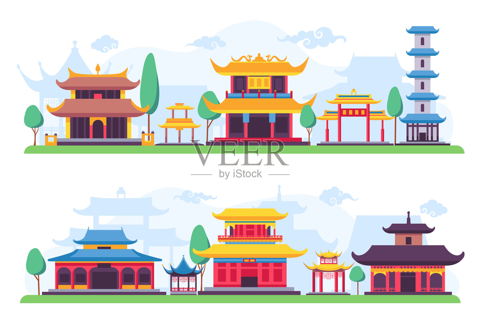 平坦的唐人街或中国古代城市街道插画图片素材