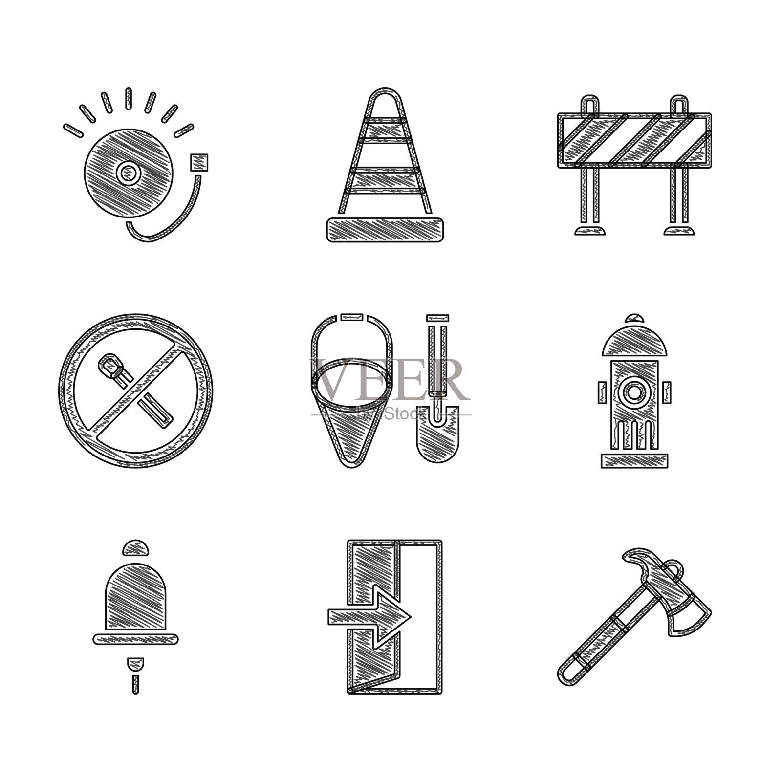 放上消防铲和铲斗出口消防斧图标素材