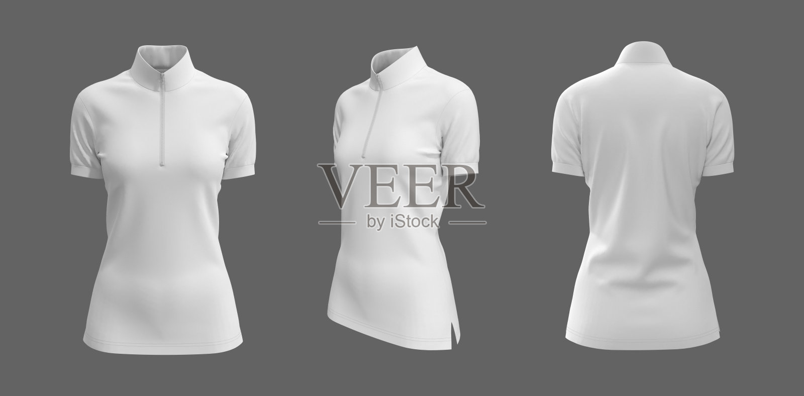 空白高领衬衫模型与半拉链在前面，侧面和后面的观点照片摄影图片