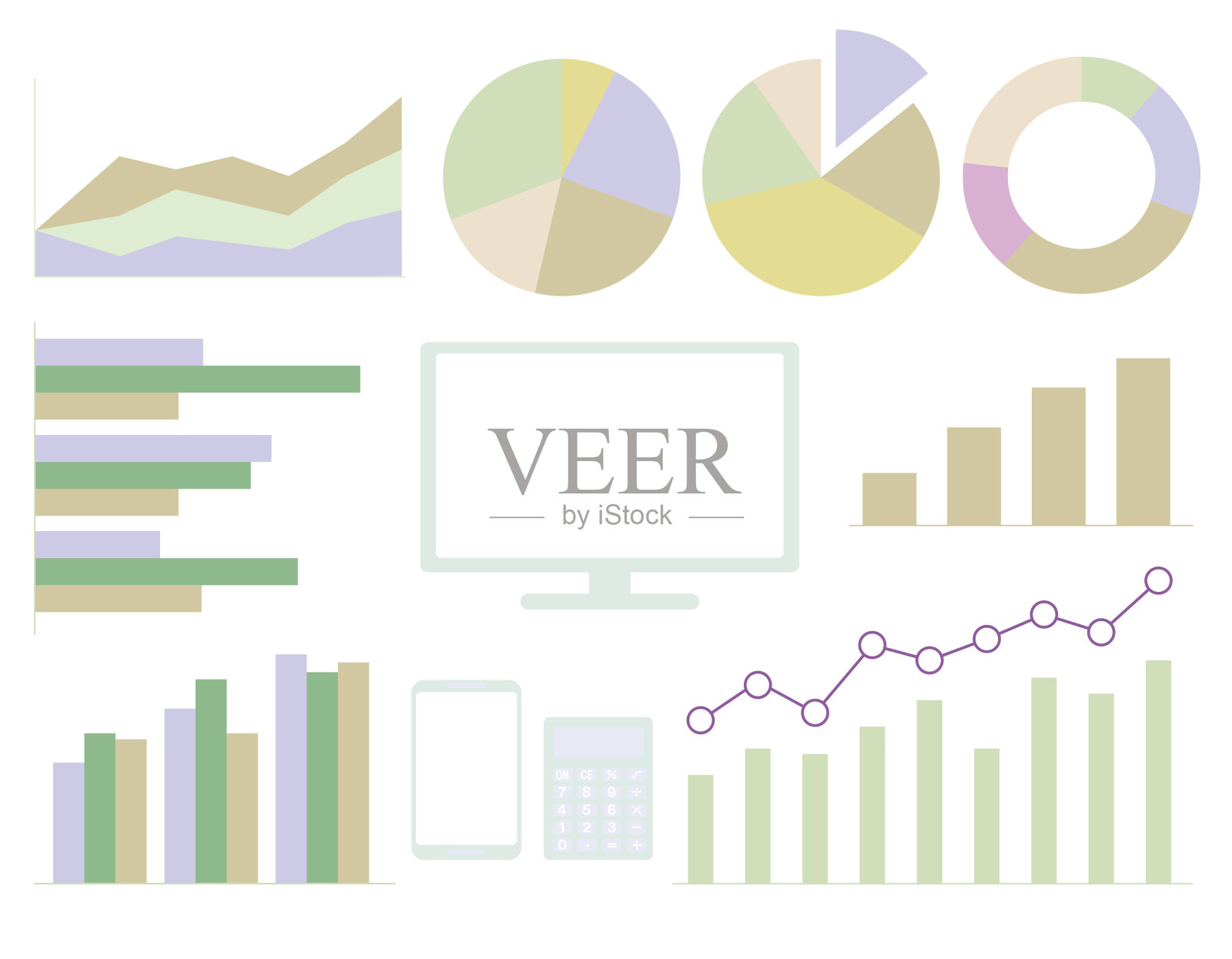 各种图表、IT设备、智能手机、个人电脑/插图材料(矢量插图)插画图片素材
