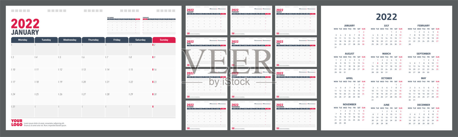 2022年日历规划师。周开始周一公司设计策划模板。插画图片素材