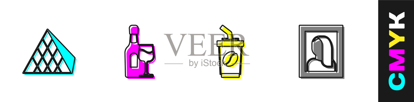 卢浮宫玻璃金字塔酒瓶配咖啡图标素材