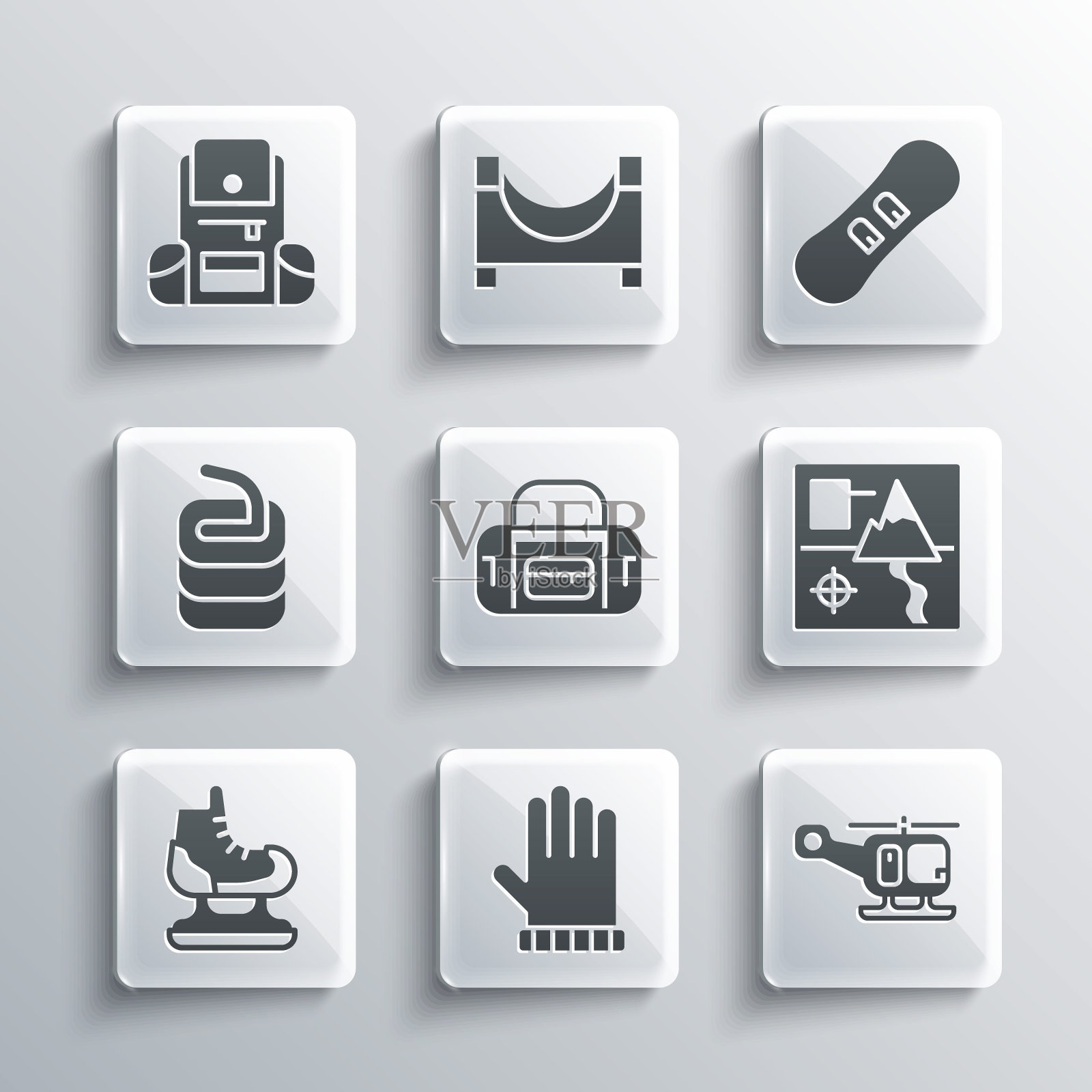 Set Christmas mitten, Rescue helicopter, fold map, Sport bag, Skates, Stone for curling，远足背包和滑雪板图标。向量图标素材