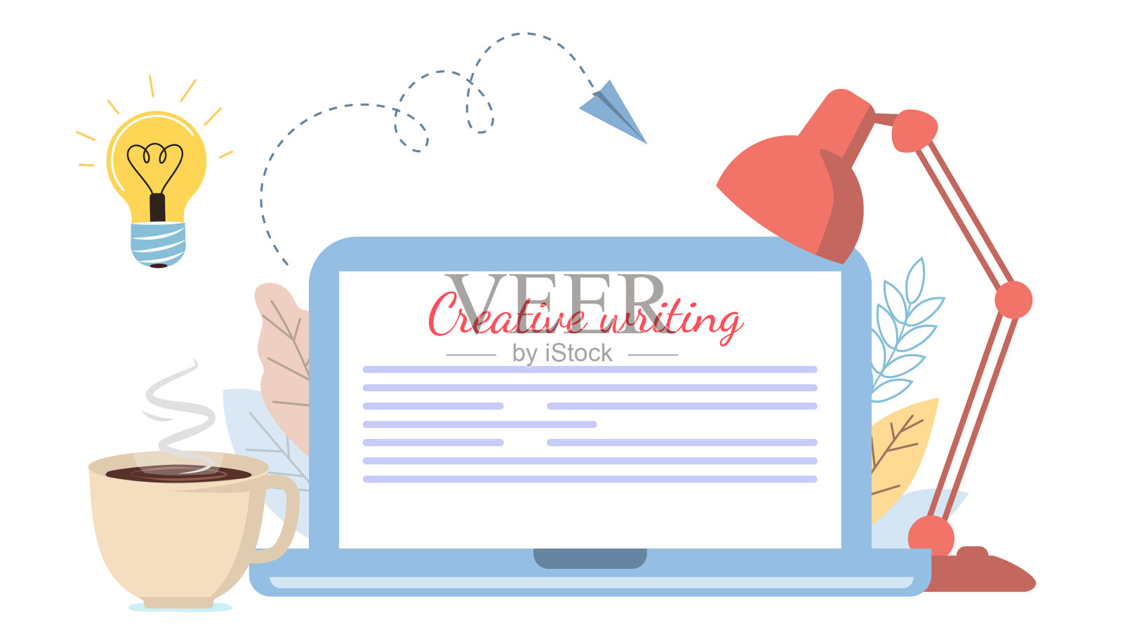 台灯和杯子放在书桌上，室内平面办公设计元素图片