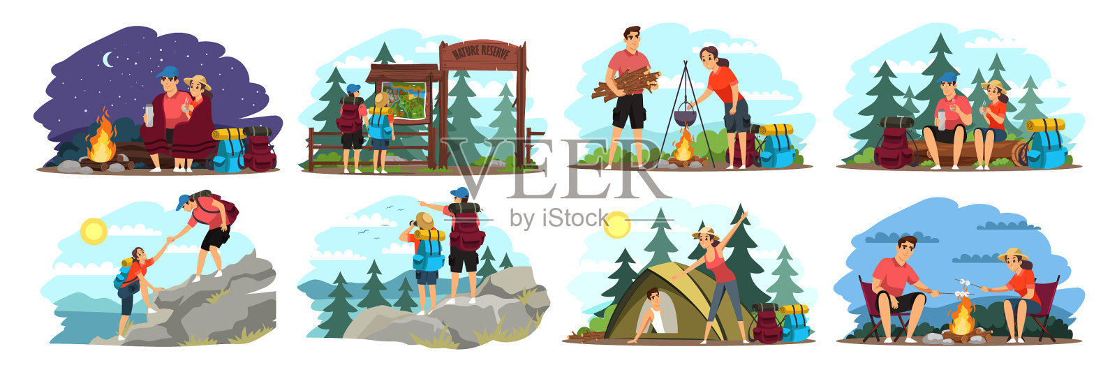 一对野营的男人和女人插画图片素材