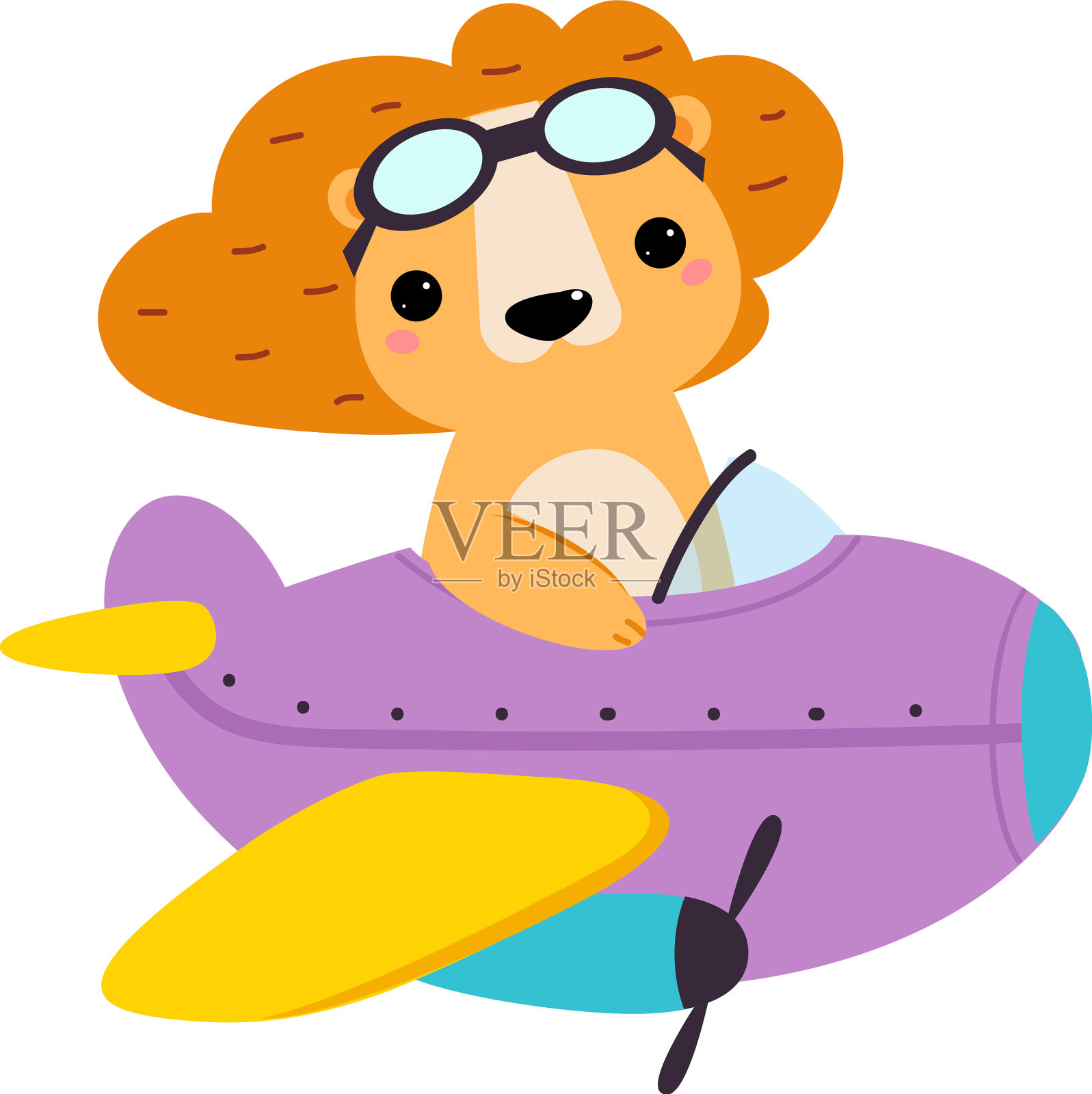 可爱的狮子动物戴着护目镜在飞机上飞行设计元素图片