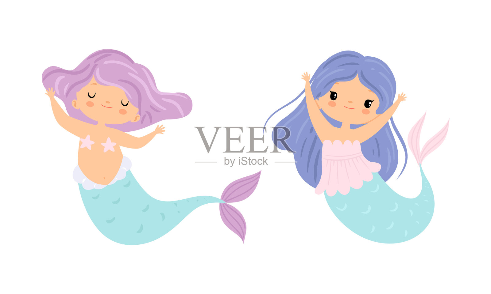 可爱的美人鱼，波浪般的头发漂浮在水下设计元素图片
