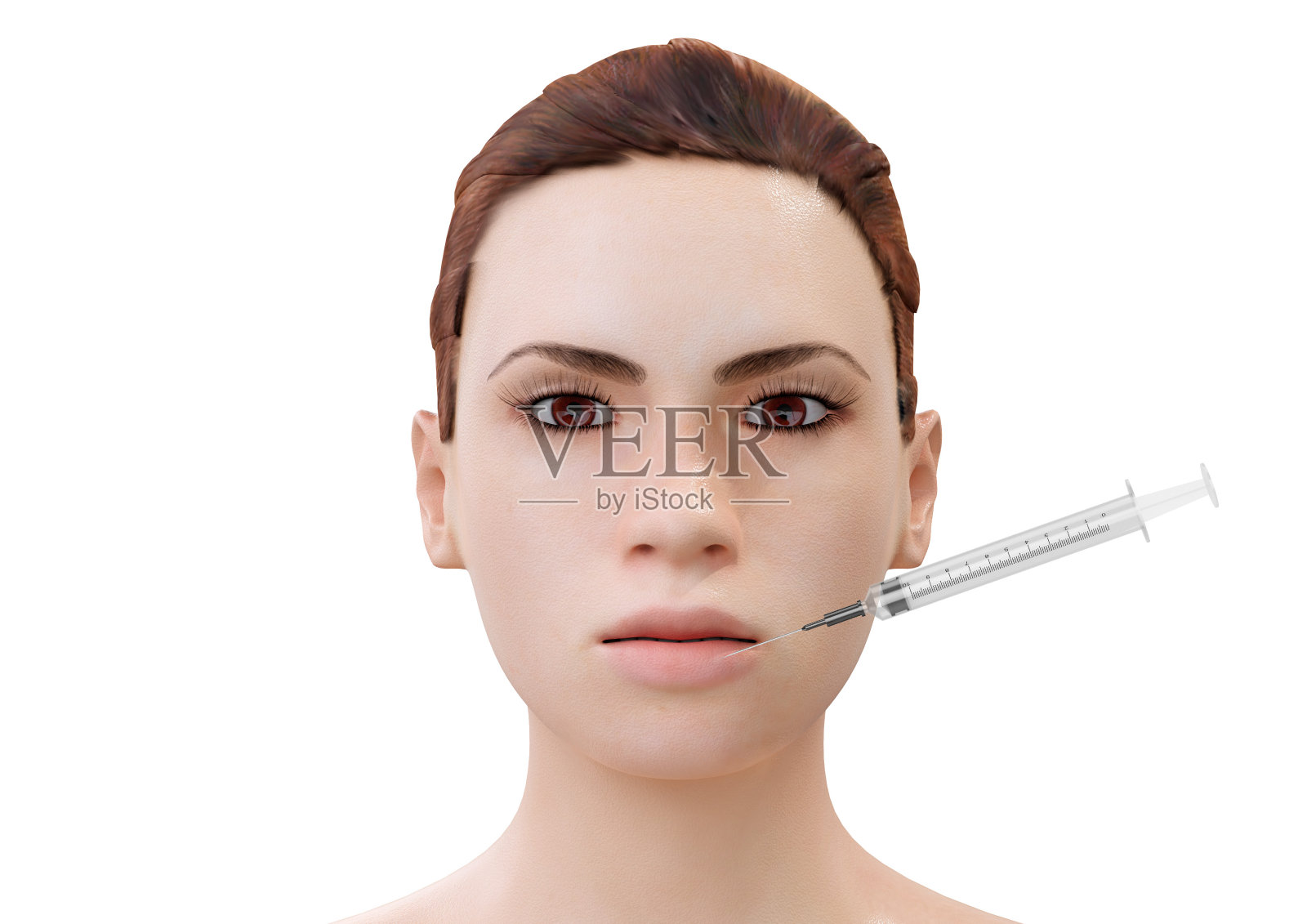 在白色背景上孤立的年轻卡通女人的嘴唇注射肉毒杆菌照片摄影图片