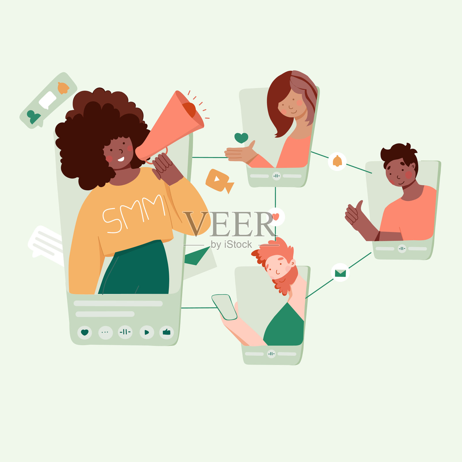 社交媒体管理理念与女孩怀抱插画图片素材