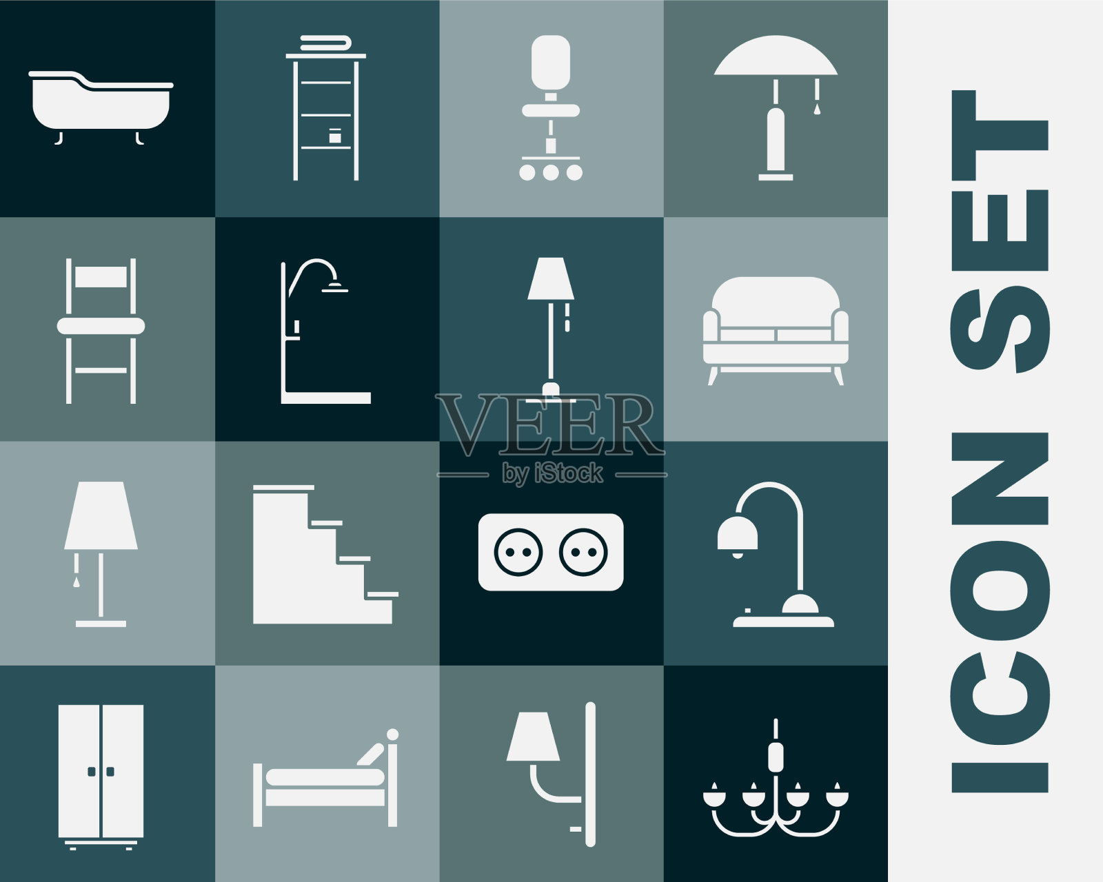 设置吊灯、台灯、沙发、办公椅图标素材