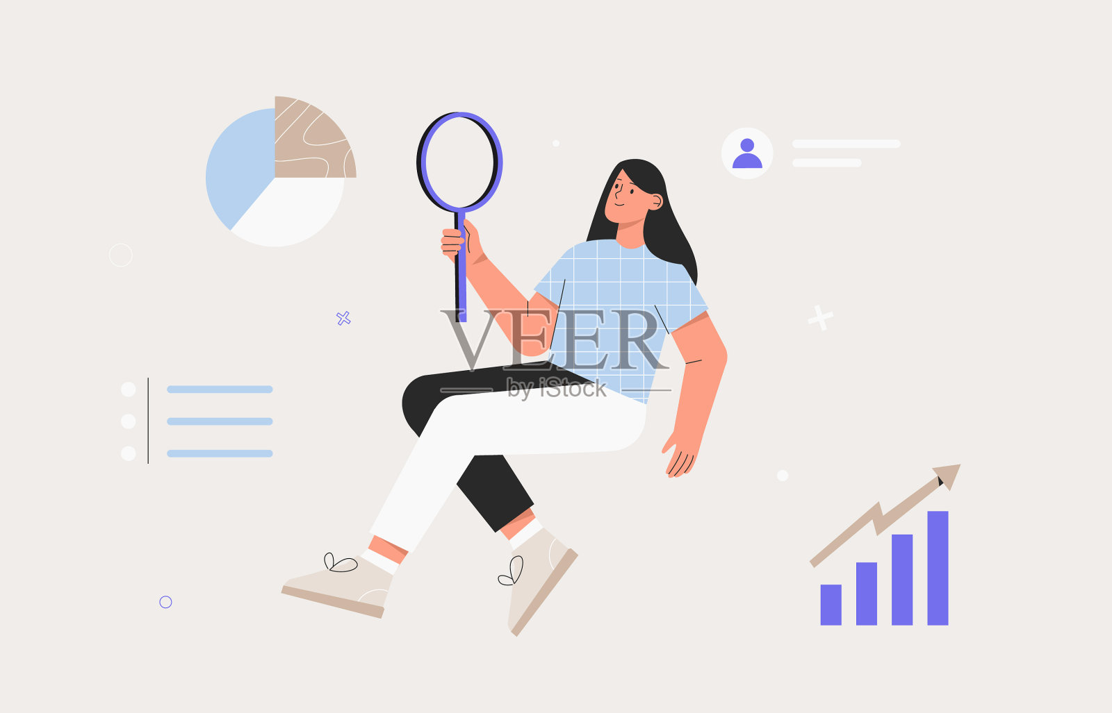 一个年轻的女人拿着放大镜分析插画图片素材