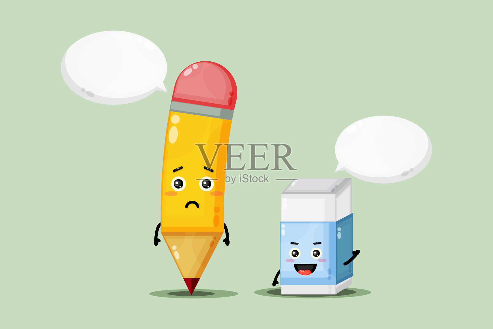 可爱的吉祥物铅笔和橡皮擦插画图片素材
