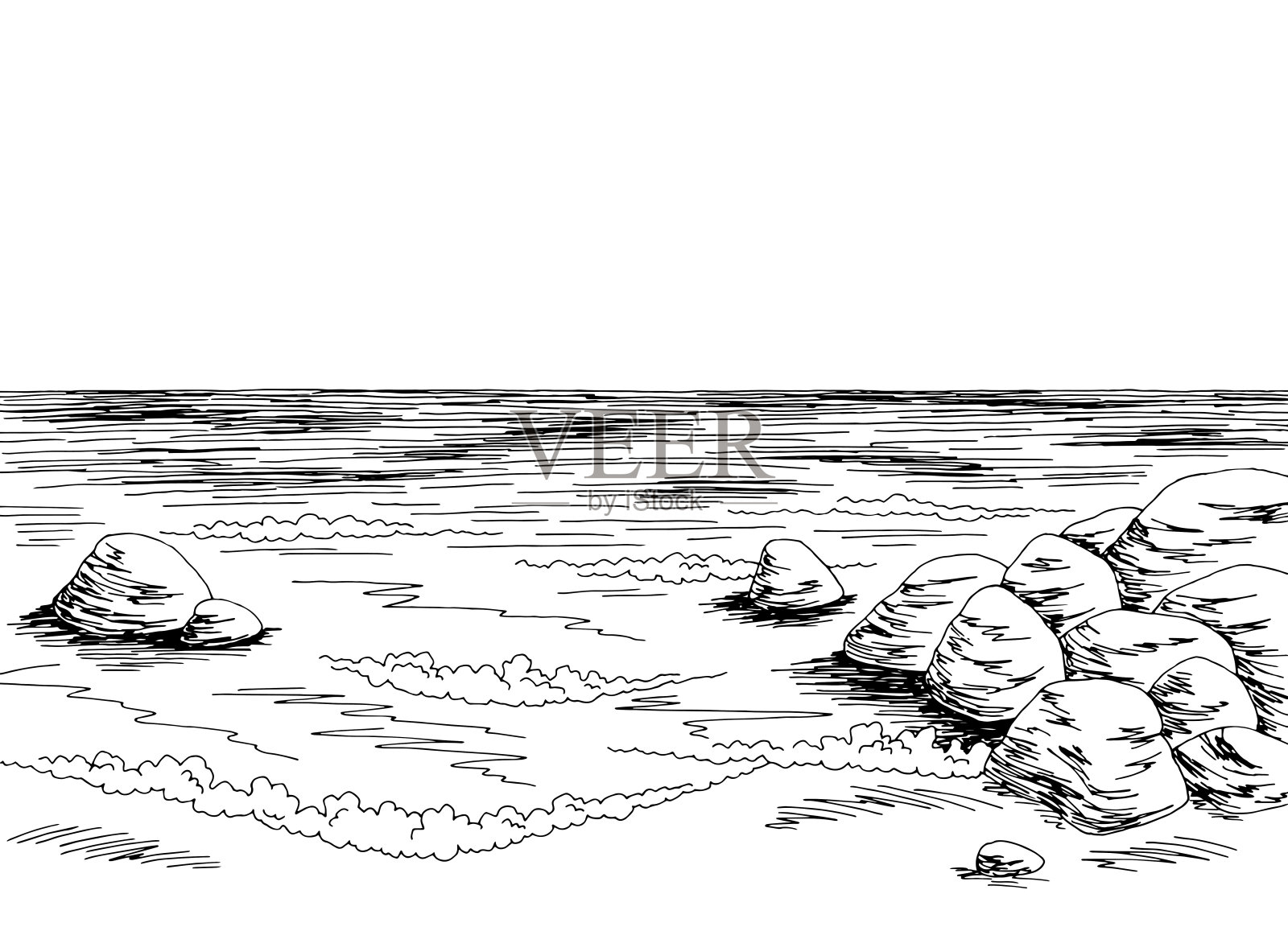 海岸图形海滩黑白色风景素描插图向量插画图片素材