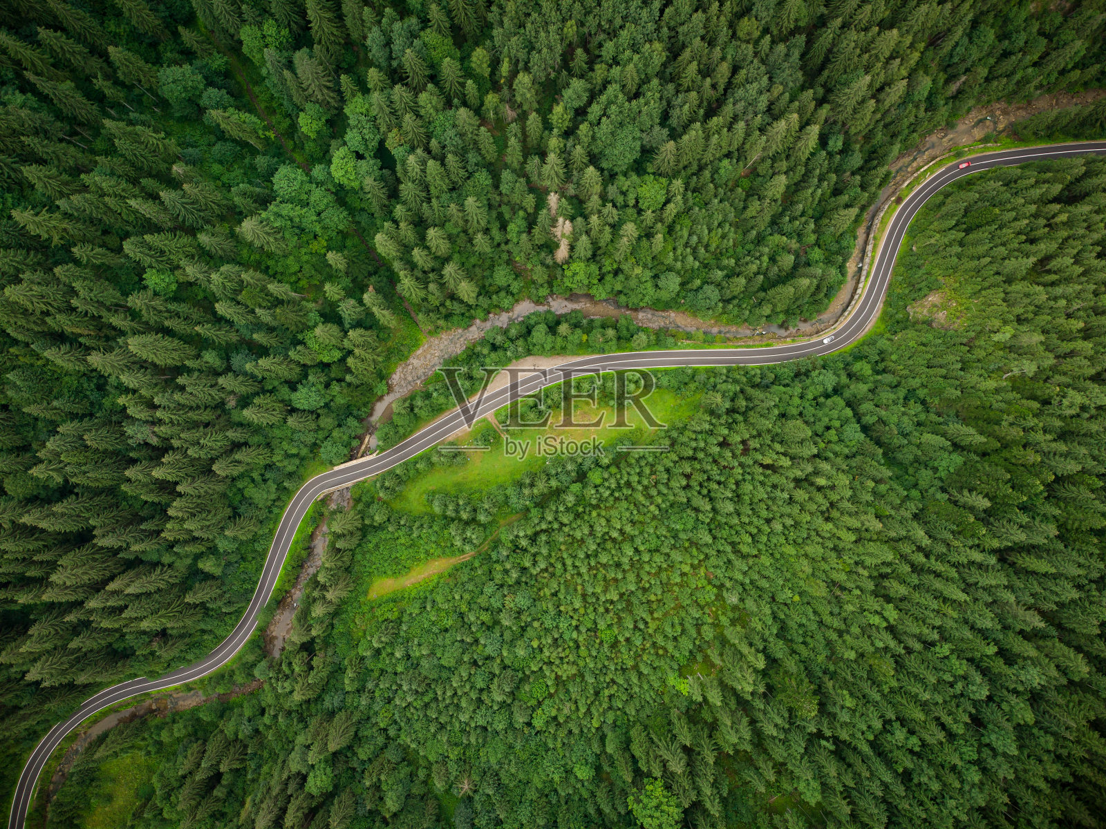 针叶林的鸟瞰图，山间有一条蜿蜒的道路穿过照片摄影图片