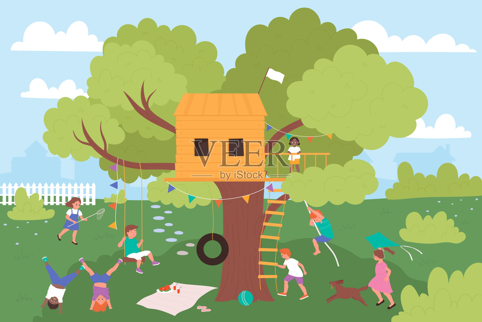 快乐的孩子们在树屋操场上玩耍插画图片素材