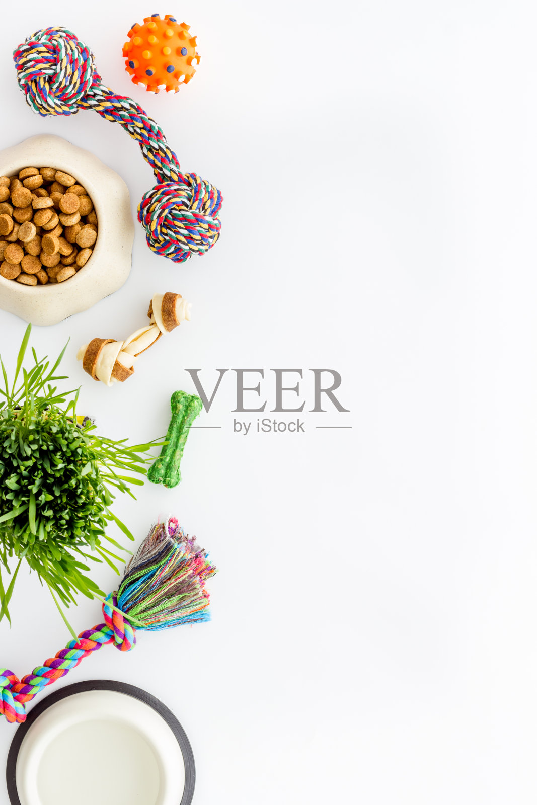 宠物配件俯视图。擦干狗粮和猫粮和玩具照片摄影图片