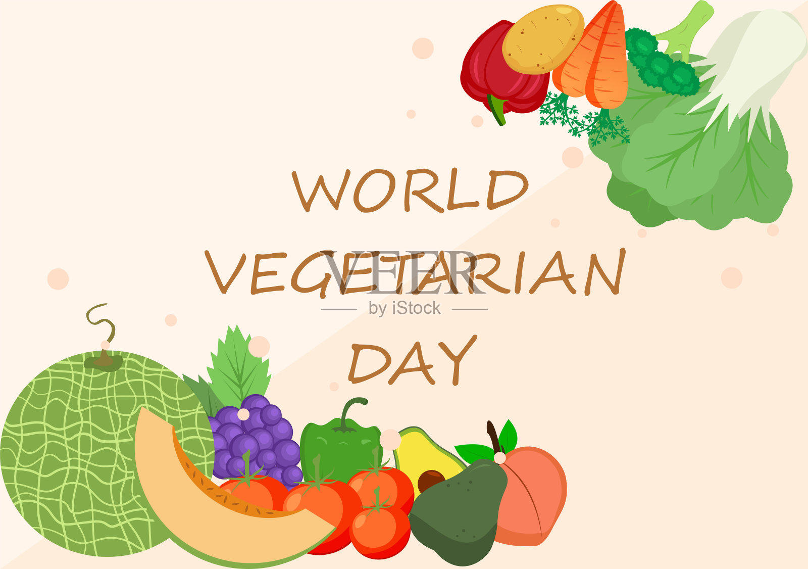 世界素食日可爱的卡通矢量插图的各种蔬菜或水果，如西兰花，胡萝卜，西红柿和其他保持健康插画图片素材