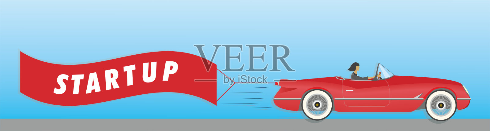 红色车里的女人，横幅上写着STARTUP。矢量插图。插画图片素材
