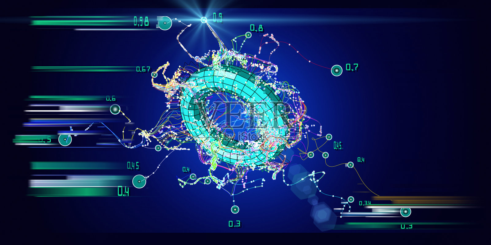 抽象背景与混沌线连接点环面与模糊线。大数据。数据分析算法。量子密码学的概念。商业，科技的旗帜。插画图片素材