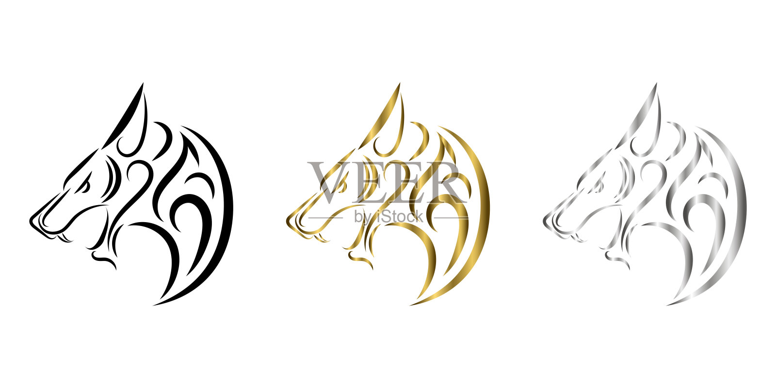 三色黑金银线狼头艺术。很好的使用符号，吉祥物，图标，头像，纹身，T恤设计，标志或任何设计插画图片素材