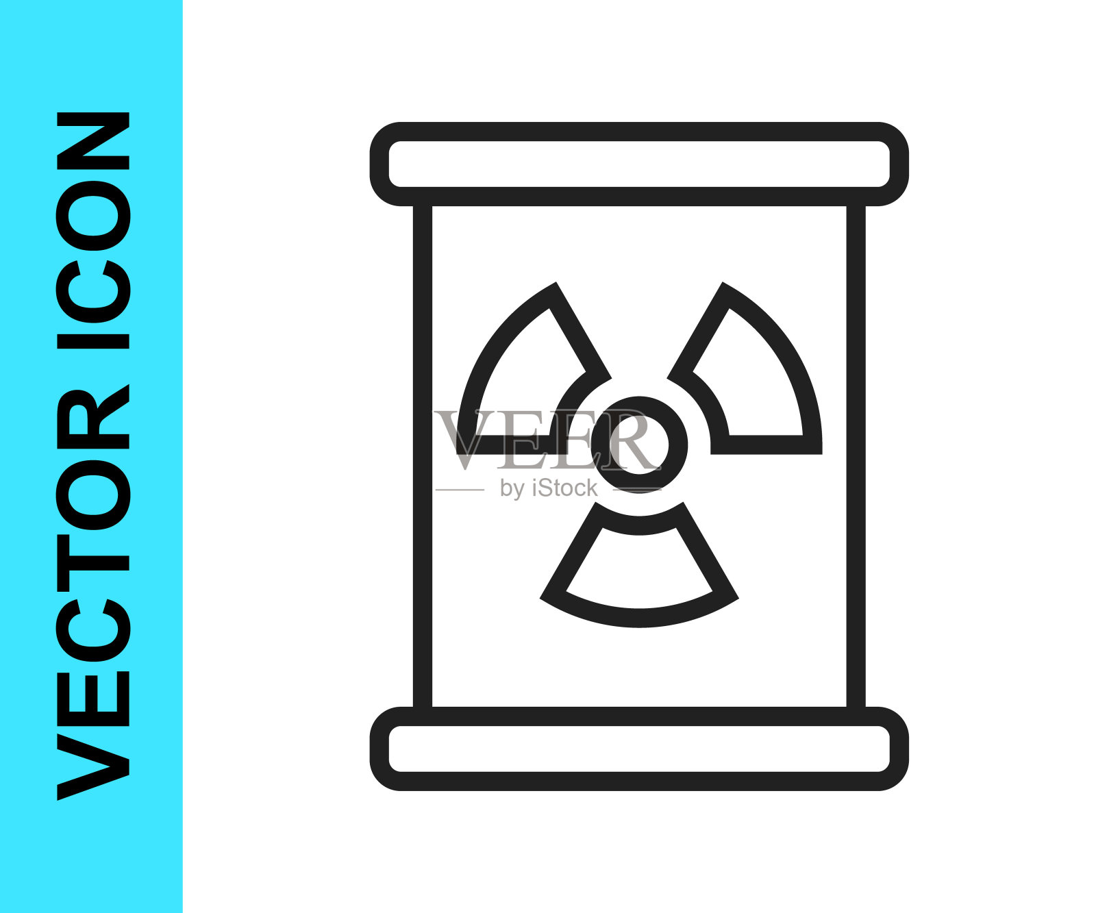 黑线在白色背景上分离的桶图标中的放射性废物。有毒的废物桶。放射性垃圾排放，污染环境。向量图标素材