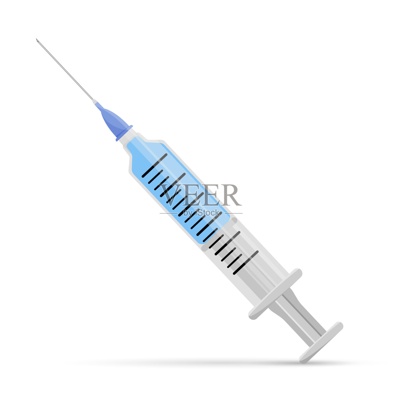 医用一次性注射器隔离在白色背景上。注射器装满蓝色药物。注射疫苗，接种疫苗。现实的矢量图。设计元素图片