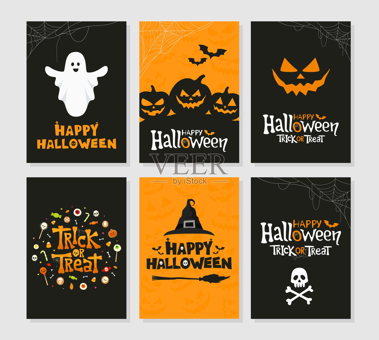 万圣节海报设计的向量集。节日贺卡或派对邀请。不给糖就捣蛋。插画图片素材